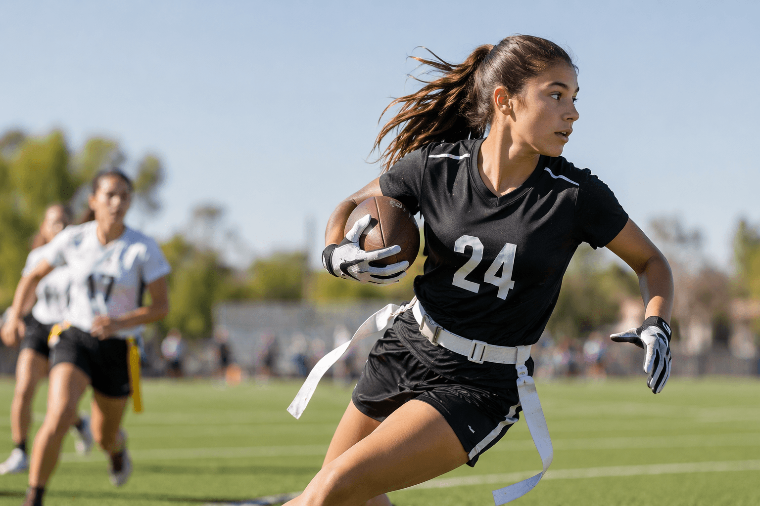 Girls playing flag football using Go Team Sports equipment