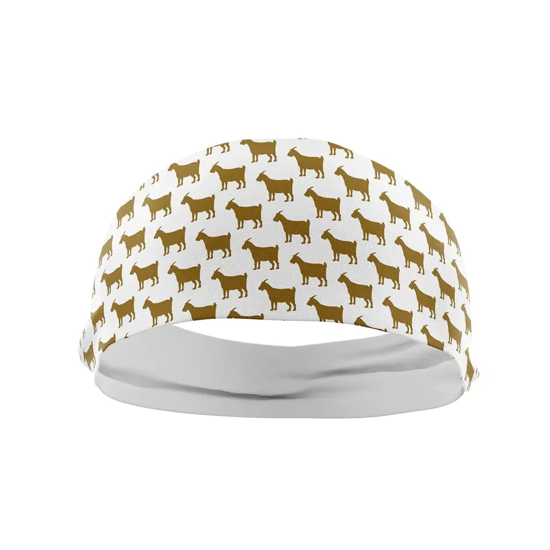 GT white and gold GOAT print performance headband for youth athletes