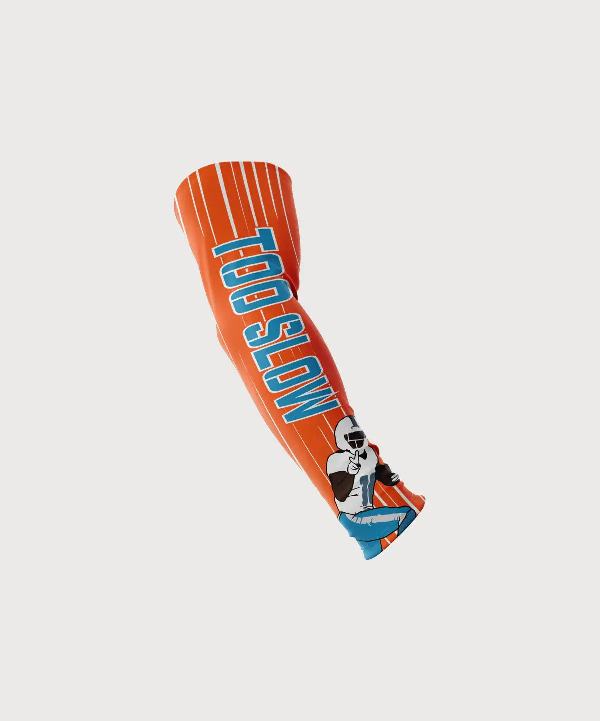 GT Brand orange Too Slow compression arm sleeve for flag football with blue lettering and player graphic.